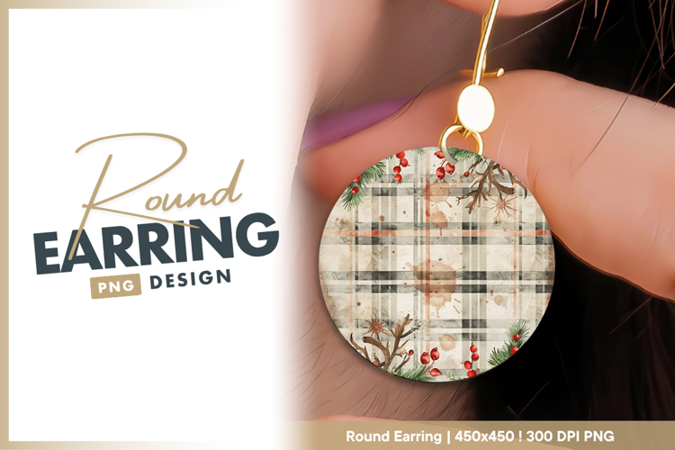 Rustic plaid with berries and pine sprigs Round Earring
