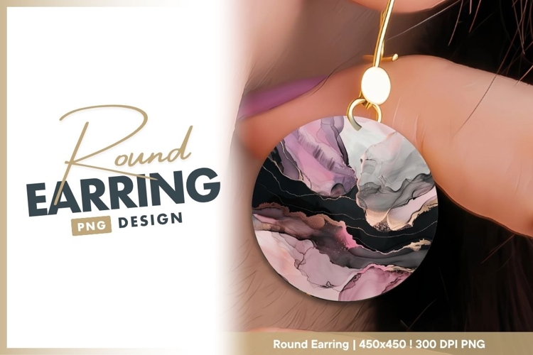 Abstract ink painting in pink black and gold round earring