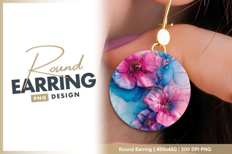 Pink and Blue Floral Illustration on a Round earring png