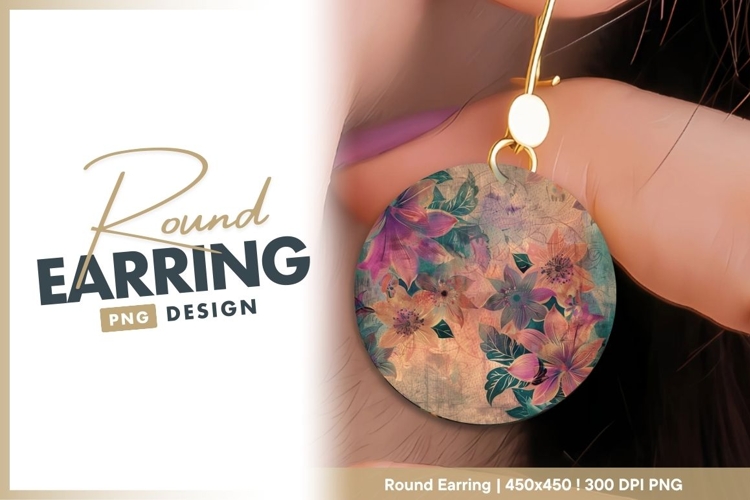 Floral Illustration in a Circle with Pink round earring png