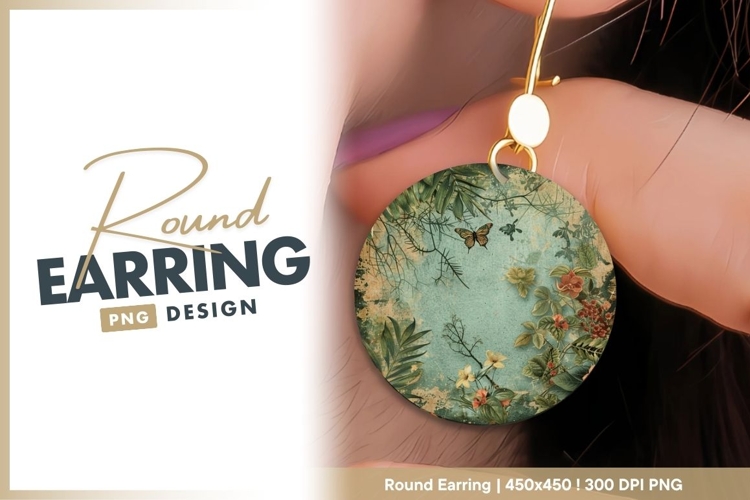Vintage Floral Butterfly Illustration in a Round earring png