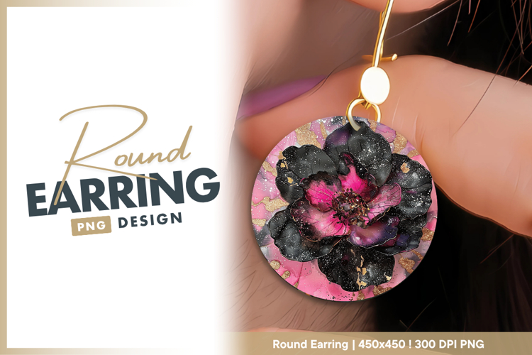 Artistic black and pink flower illustration round earring