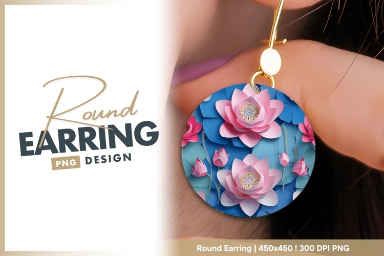 Pink Lotus Flowers and Blue Leaves Paper round earring png