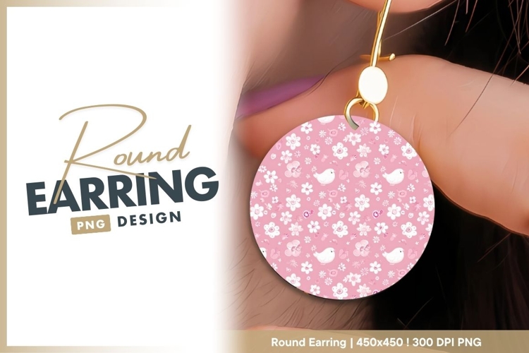 Pink Floral Pattern with White Birds and round earring png