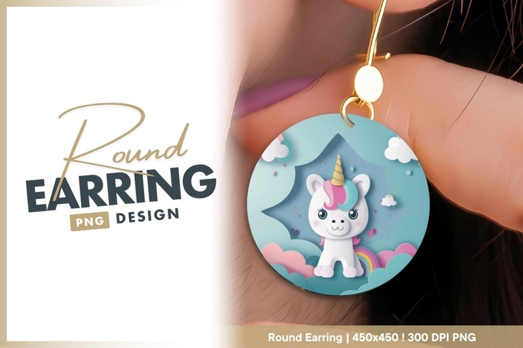 Cute Cartoon Unicorn with Rainbow and Clouds round earring
