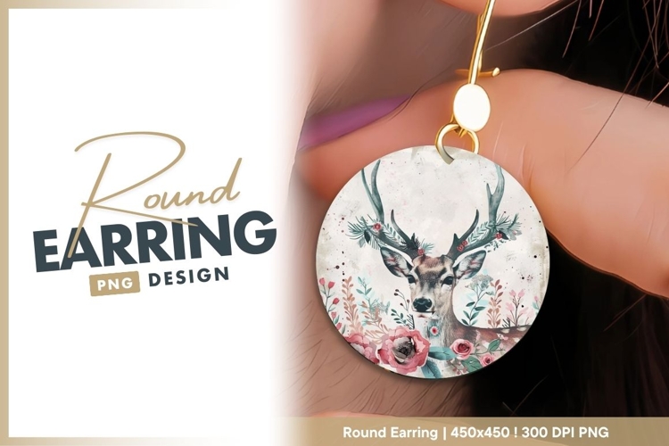 Deer Portrait with Floral Antlers and round earring