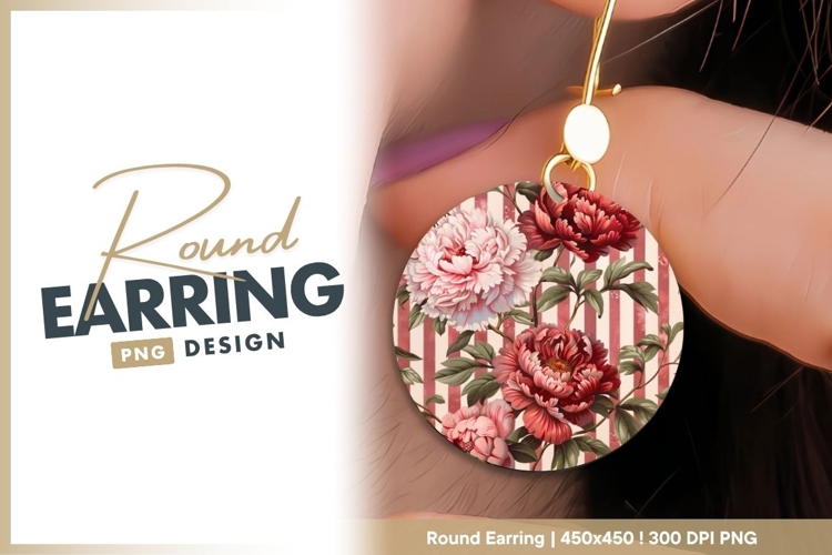 Red and Pink Peony Flowers on Striped round earring png