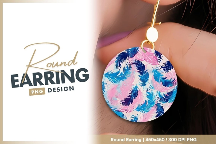 Pink Blue and Navy Feather Pattern on White round earring