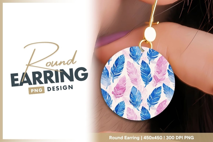 Watercolor Feathers Pattern Blue and Pink on round earring