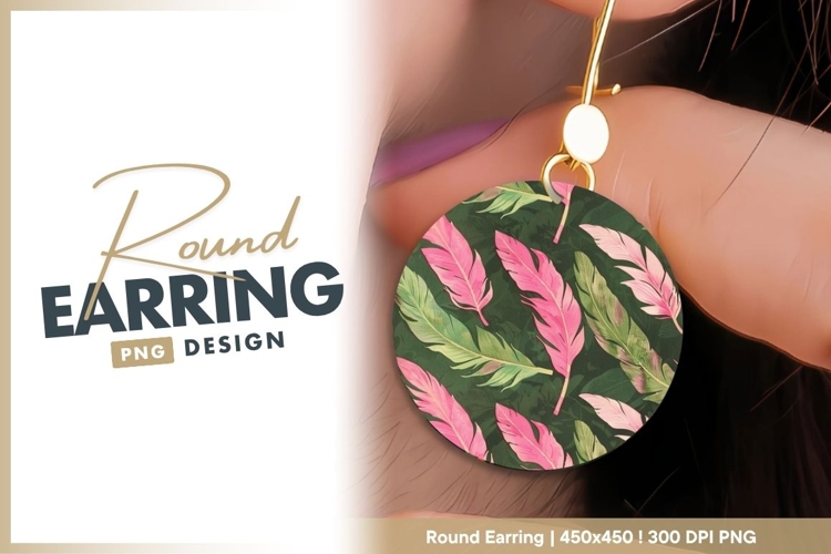 Watercolor Feathers Pattern in Pink and round earring png