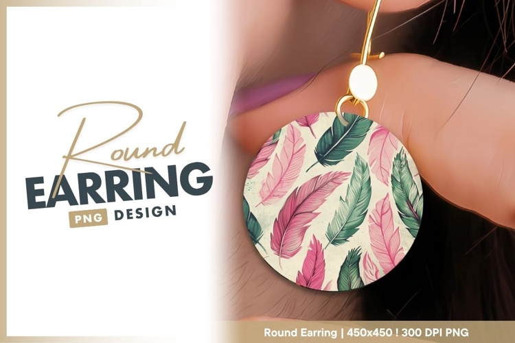 Watercolor Feathers in Pink and Green on a round earring