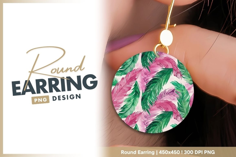 Watercolor Pink and Green Feathers Pattern round earring png