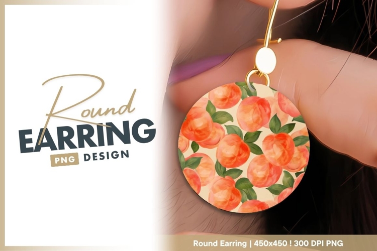 Watercolor Peaches and Green Leaves Pattern round earring