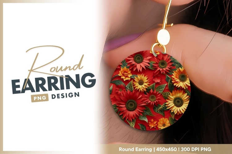 Red and Yellow Paper Sunflowers with Green round earring png