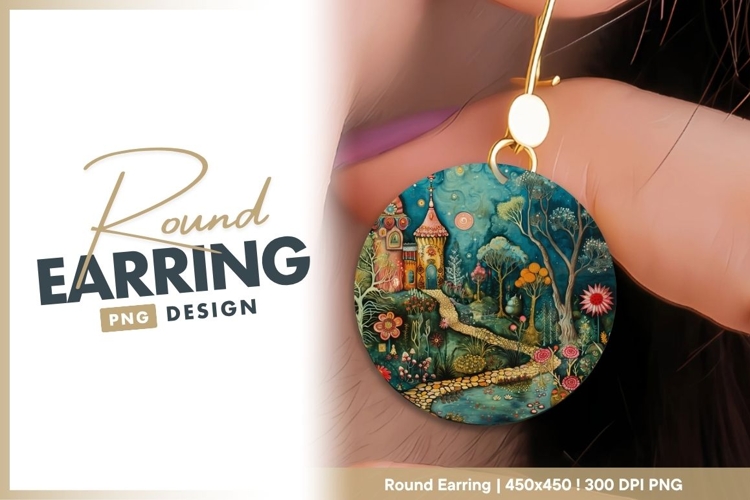 Whimsical Fantasy Landscape Illustration round earring