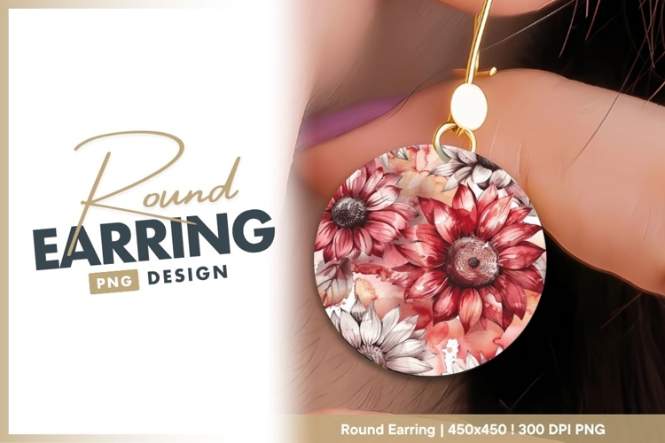 Watercolor Red Sunflower Illustration in a round earring