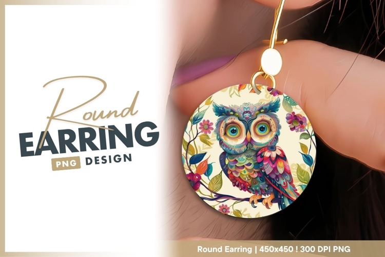 Colorful Owl Illustration with Floral and round earring