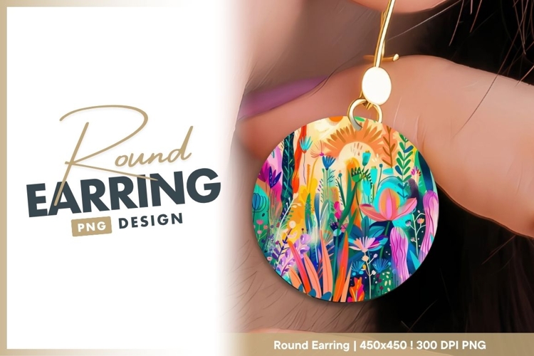 Colorful Floral Illustration in a Circle with round earring