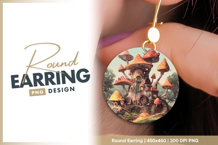 Whimsical Mushroom House Illustration round earring