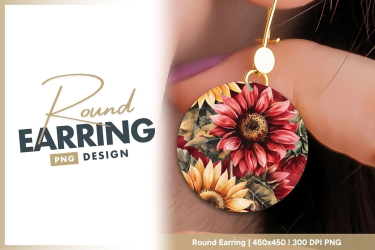 Watercolor Sunflowers in Red and Yellow round earring