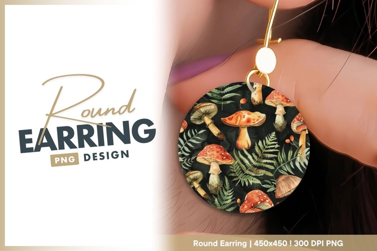 Watercolor Mushrooms Ferns and Berries round earring