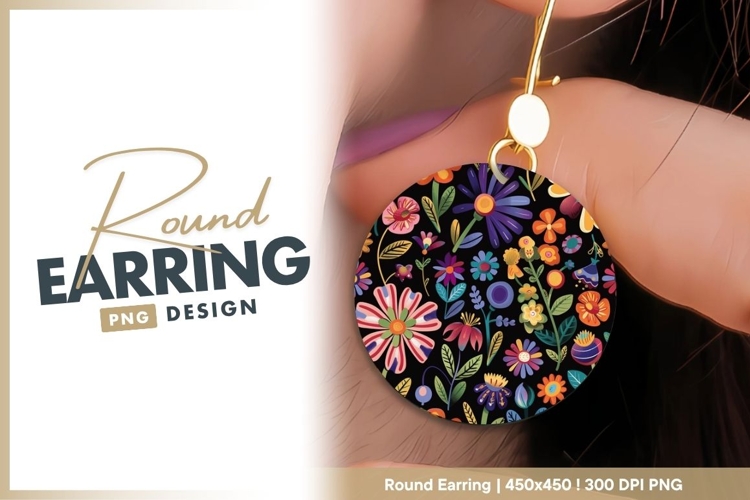 Colorful Floral Pattern on Black Background Round Earring