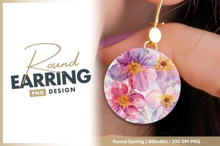 Watercolor Floral Illustration of Pink and round earring example image 1