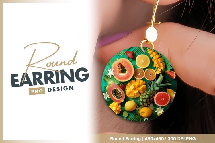 Tropical Fruit Arrangement on Green Palm round earring