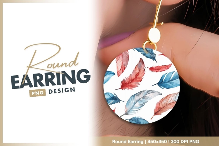 Watercolor Feathers in Red Blue and Gray round earring