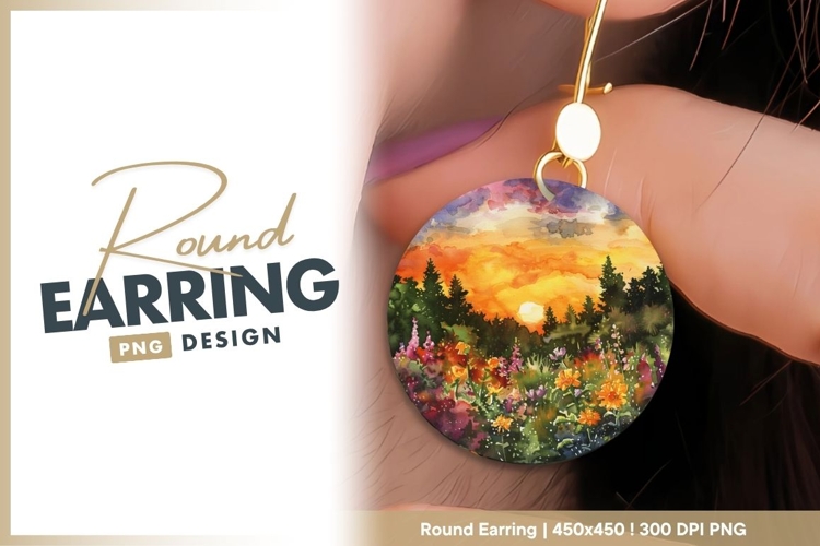 Watercolor Sunset Over Forest and round earring