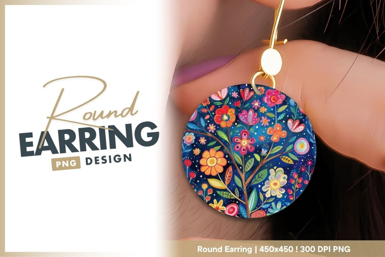 Colorful Floral Tree Illustration in a round earring