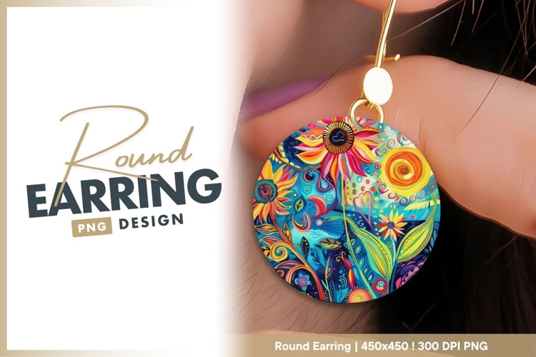 Colorful Floral Illustration with Sunflowers round earring