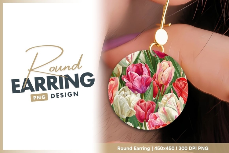 Colorful Tulip Flowers in a Circle Arrangement Round Earring