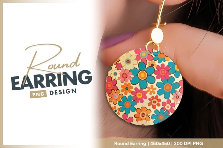 Colorful 1960s Floral Pattern in a Circle Round Earring