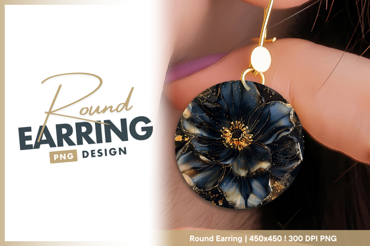 Elegant black flower with golden accents art Round Earring