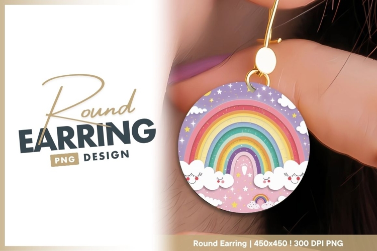Colorful Rainbow Illustration with Clouds Round Earring