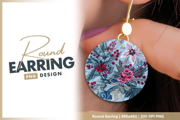 Embroidered Floral Design with Red Berries Round Earring Png