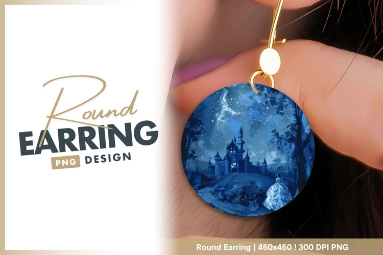 Blue Fairytale Castle and Princess Round Earring Png
