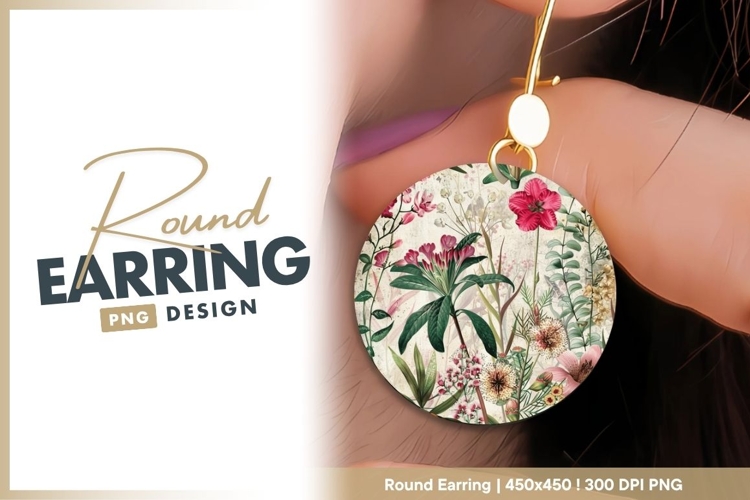 Floral Botanical Illustration in a Circle Round Earring Png