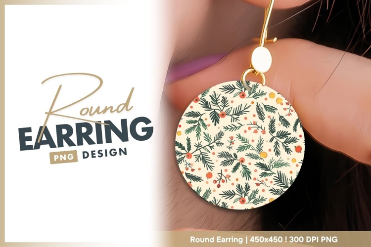 Festive Botanical Pattern with Green Pine Round Earring Png