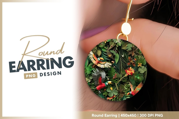 Paper Cutout Tropical Birds and Foliage Round Earring Png