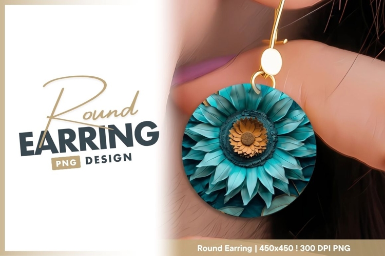 Teal and Gold Floral Design in a Circular Round Earring Png