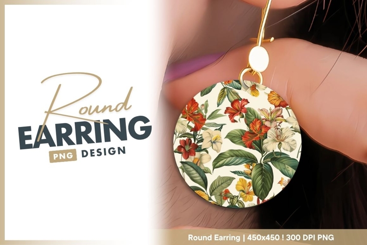 Floral illustration of red orange and white Round Earring