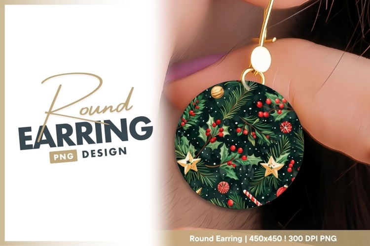 Festive Christmas Pattern with Holly Berries Round Earring