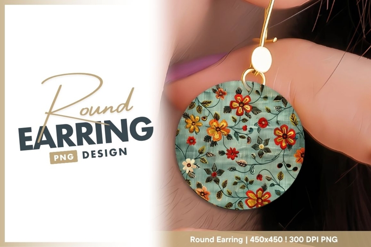 Floral Embroidery Pattern in a Circle with Round Earring Png