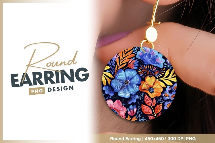 Colorful Floral Illustration in a Circle with Round Earring