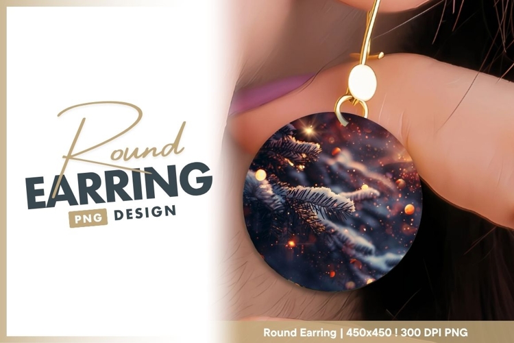 Snowy Fir Tree Branch with Bokeh Lights in Round Earring