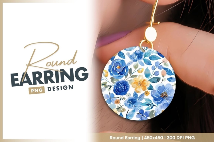 Watercolor Floral Pattern in Blue and Round Earring Png