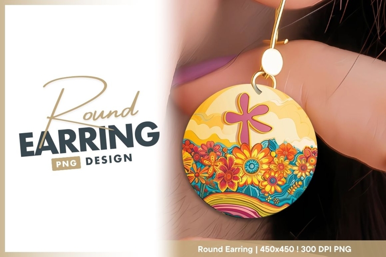 Colorful retro flower meadow with rainbow round earring png