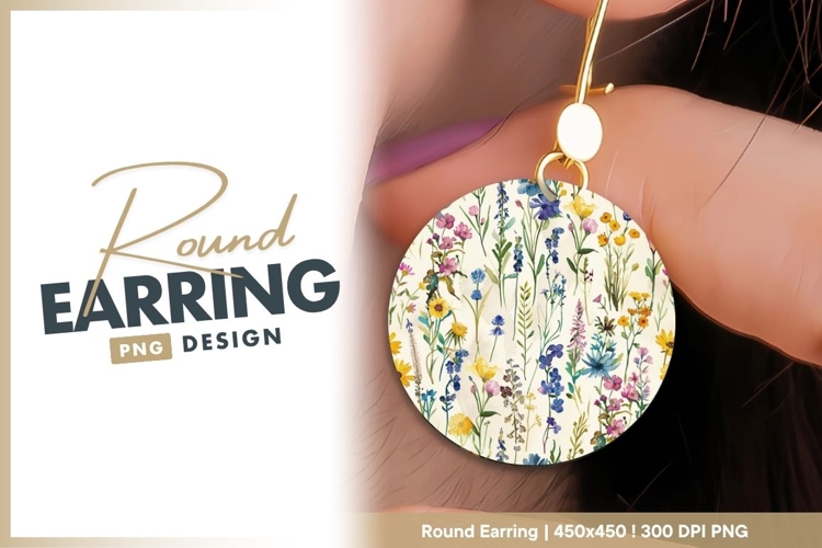 Watercolor Floral Arrangement in a Circle Round Earring Png